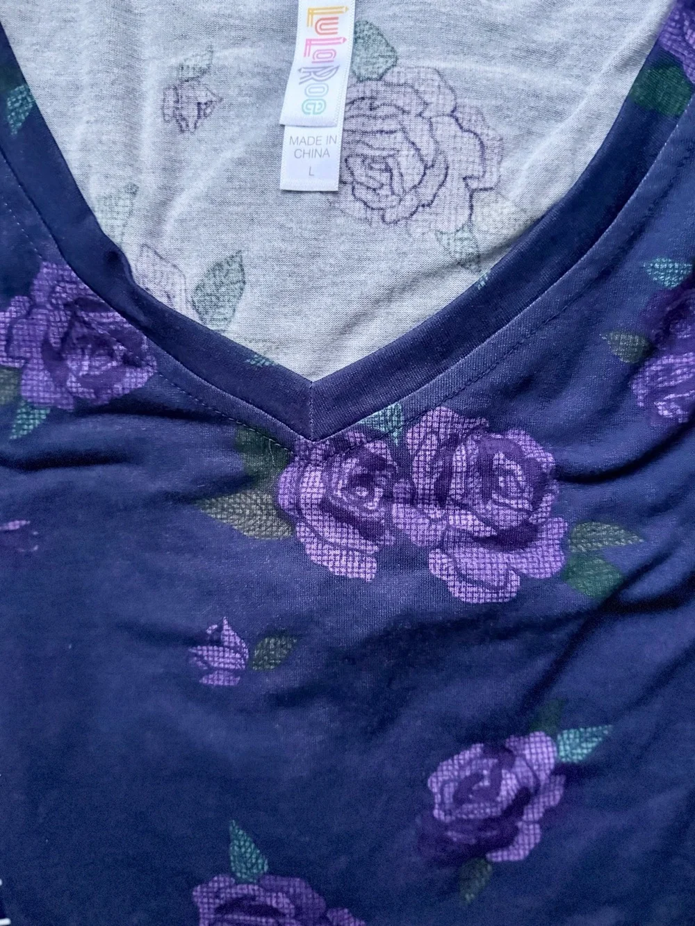 LuLaRoe Navy V-Neck Tank with Purple Rose Print
